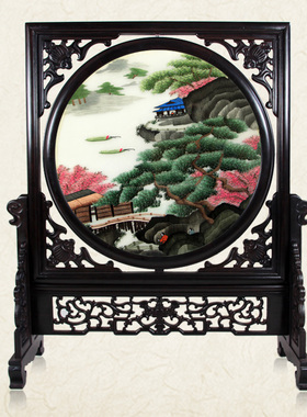 唐寅山水画礼品 汴绣精品 装饰画 双面绣摆件 纯手工刺绣画工艺品