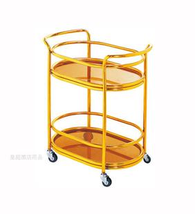 简约酒水不锈钢双层酒店服务车支架圆形钛金手推车移动餐厅送餐车