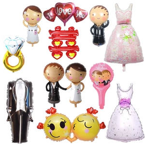 婚庆铝膜新郎新娘礼服钻戒气球布置婚房结婚婚礼笑脸红双喜字气球