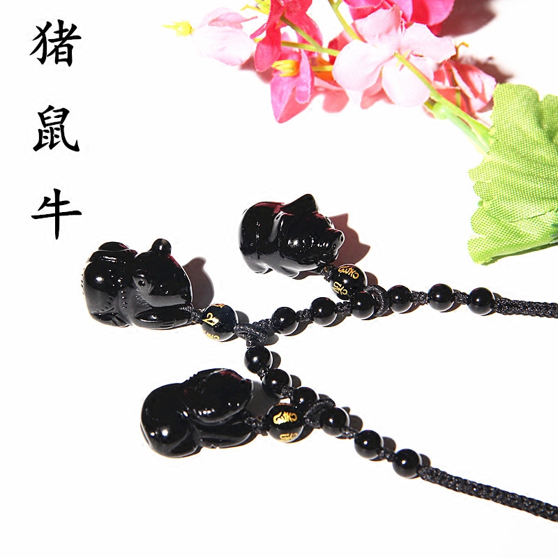 天然黑曜石猪鼠牛项链 黑曜石精雕立体水晶猪鼠牛吊坠挂坠项链款
