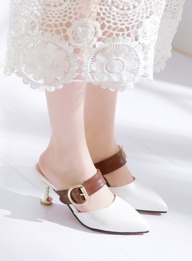 女鞋夏季白色凉拖尖头包头细跟高跟小码大码拖鞋 33 41 42 43 FF