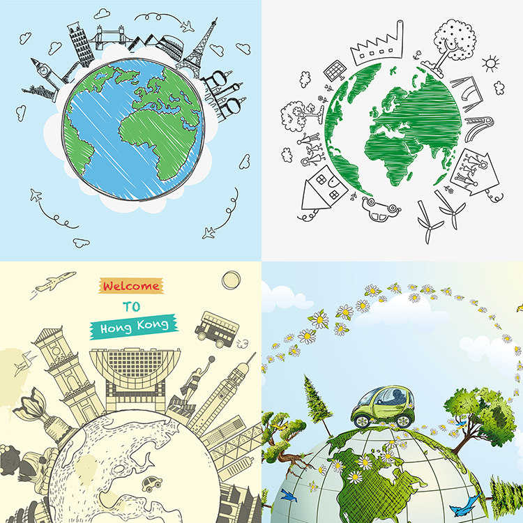 手绘环球旅行 绿色出行 环保旅游 世界游插画 ai格式矢量设计素材