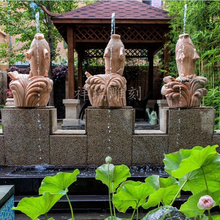 石雕喷水鱼喷泉水景观雕塑庭院养鱼水池装饰摆件大理石头流水鲤鱼