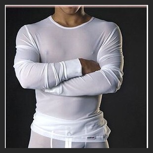 时尚男式性感网纱透明修身打底衫超薄长袖T恤上衣 圆领美式休闲潮