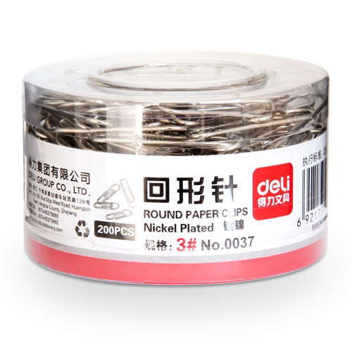 得力0037回形针 加厚电镀表层曲别针 金属 办公用 30mm 200枚/筒