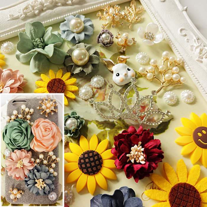 m26珍珠花镶钻皇冠合金兔子手工diy复古布艺手机壳发饰材料