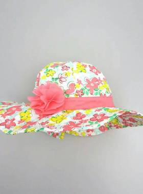 4-8岁48CM头围女童红黄色印花春夏薄款全棉宽檐太阳盆帽