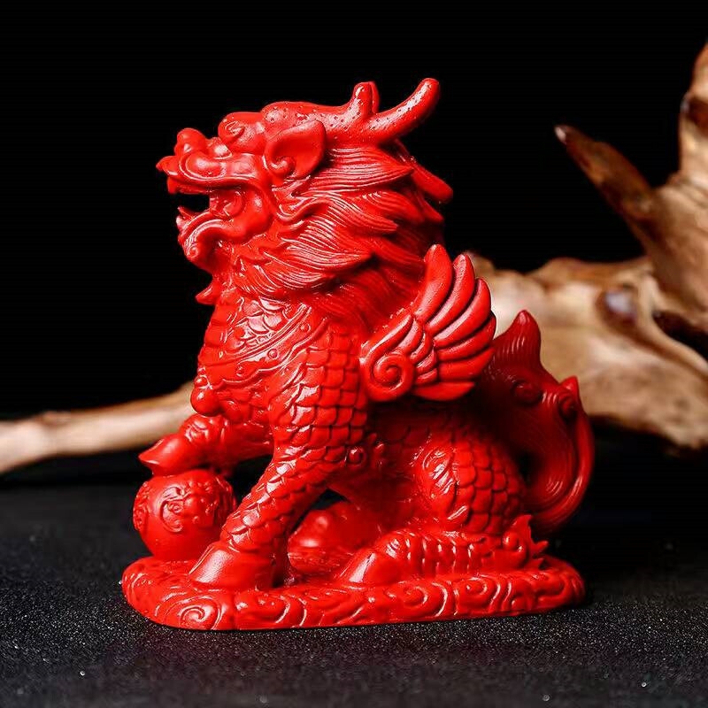 飞天火麒麟摆件台湾原色朱砂帝王红麒麟摆件证书