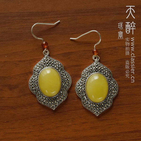 天醉。吉祥 925纯银镶嵌天然老蜜腊琥珀耳坠女耳环长款银饰送证书