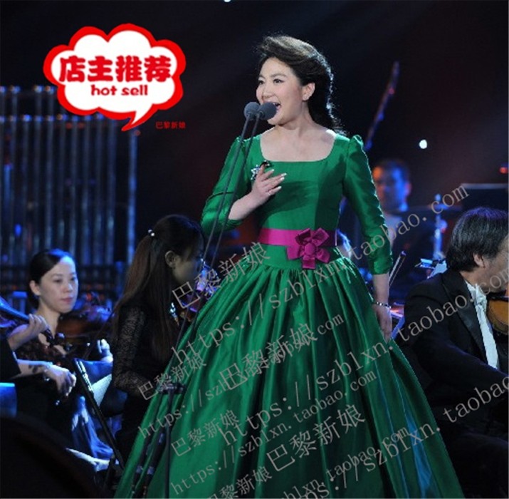 2026墨绿色7分袖方领腰带显瘦蓬蓬裙音乐会独唱歌唱春晚演出礼服,女装/女士精品,民族服装/舞台装,淘宝优惠券,粉丝福利购,淘宝优惠卷