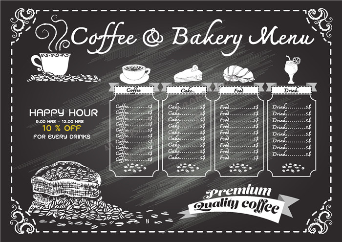 A1991矢量黑板粉笔风格菜单价目表模板咖啡早饭烘焙 AI设计素材