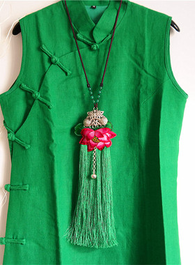 原创民族风绣片荷花仿苗银项链