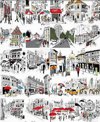 矢量设计素材 欧洲城市小镇街头街景建筑人物手绘 EPS格式 25P
