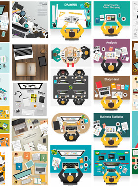 矢量设计素材 25张扁平化风格商务办公桌电脑社交模板 EPS格式