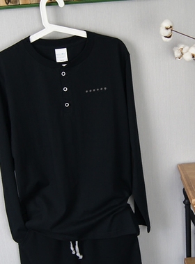 东部时间 原创简约男款长袖T恤纯棉亨利领宽松休闲纽扣领春季V领