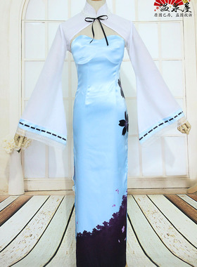 东方Project萃梦想妖妖梦西行寺幽幽子蓝色印花cosplay旗袍幽幽子