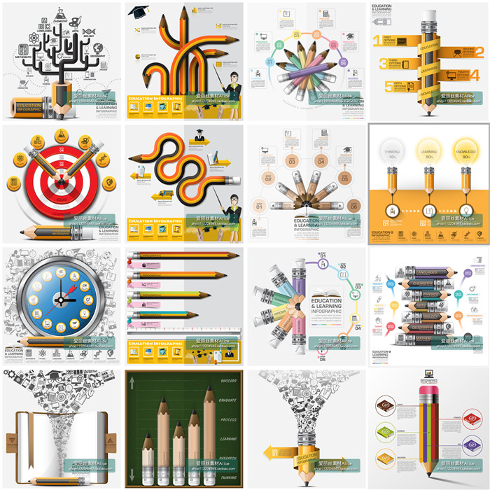 [264]20张扁平化信息图铅笔手绘风格图标教育学习 AI矢量设计素材