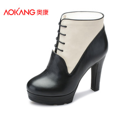 Aokang shoes best selling Europe and elegant black and white mixed colors for fall/winter fashion tie before rough with short tube women boots