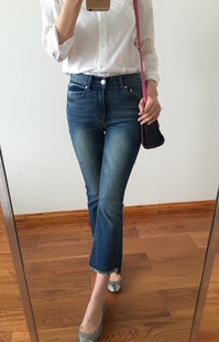 欧美M版弹力高腰八分小喇叭不规则毛边裤街拍薄牛仔阔腿裤女断码