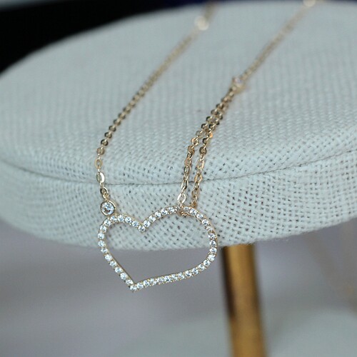 兔兔k金需订货◆实拍◆韩国14k纯金满镶桃心不对称项链 美好时光