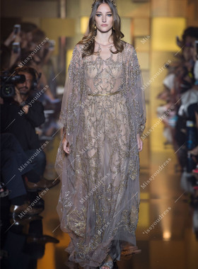 新款重工珠绣蝙蝠袖遮手臂新娘结婚订婚红毯走秀名媛生日晚礼服