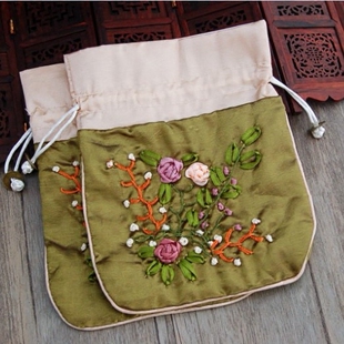 丝绸首饰袋 民族风手工绣花铜钱抽包高档锦囊小布袋佛珠袋军绿色