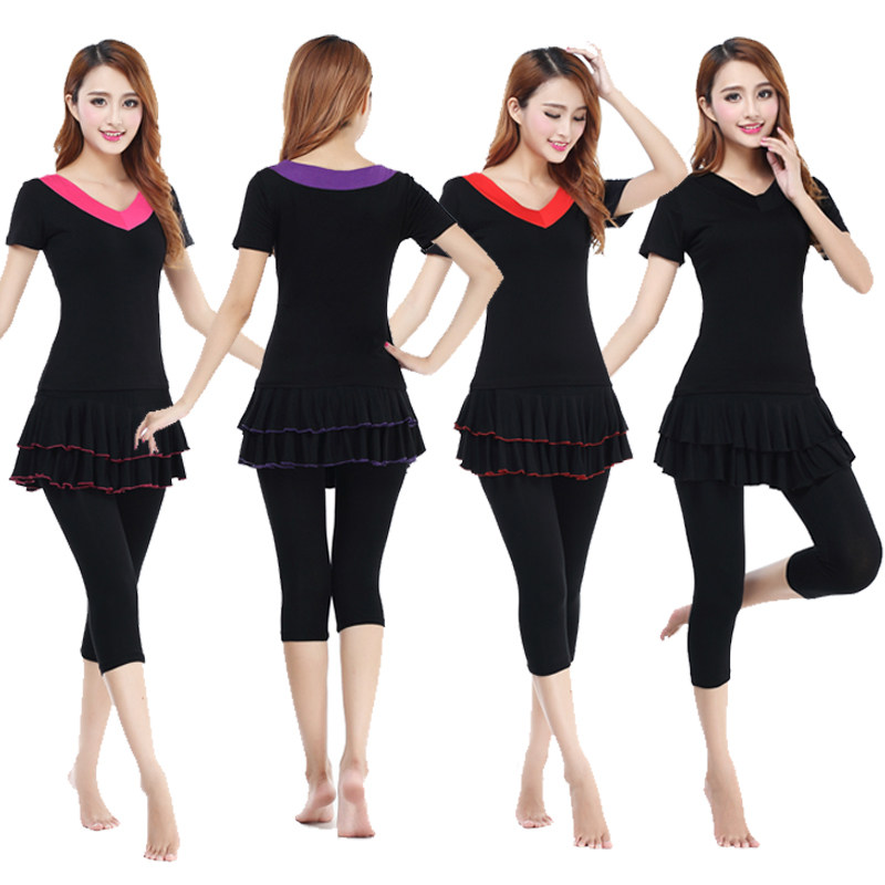 夏季新款广场舞套装女V领莫代尔7分裙裤舞蹈服健身练功服跳舞衣服