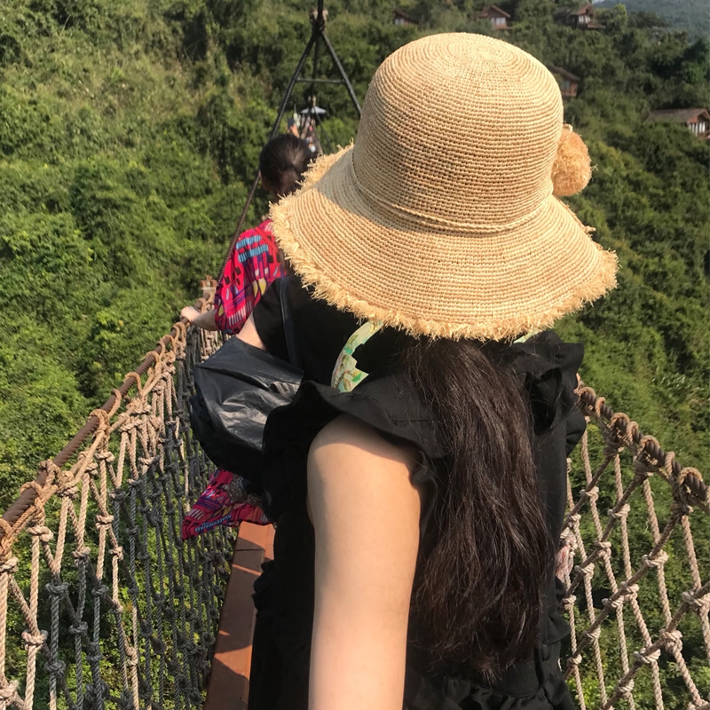 拉菲草帽子女夏天防晒手工草帽度假渔夫帽盆帽海边沙滩帽拉菲草帽