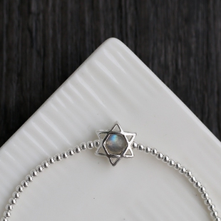 925纯银脚链 六芒星弹力脚链手链 银珠脚链 灰月光石圆珠女款礼物