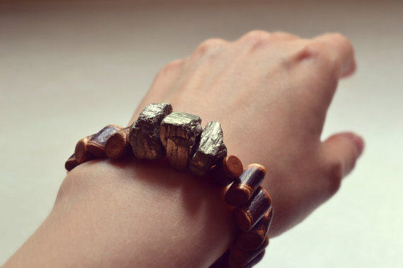 希腊代购△Bracelet 手作精致特别天然番石榴木黄铁矿珠宝手链