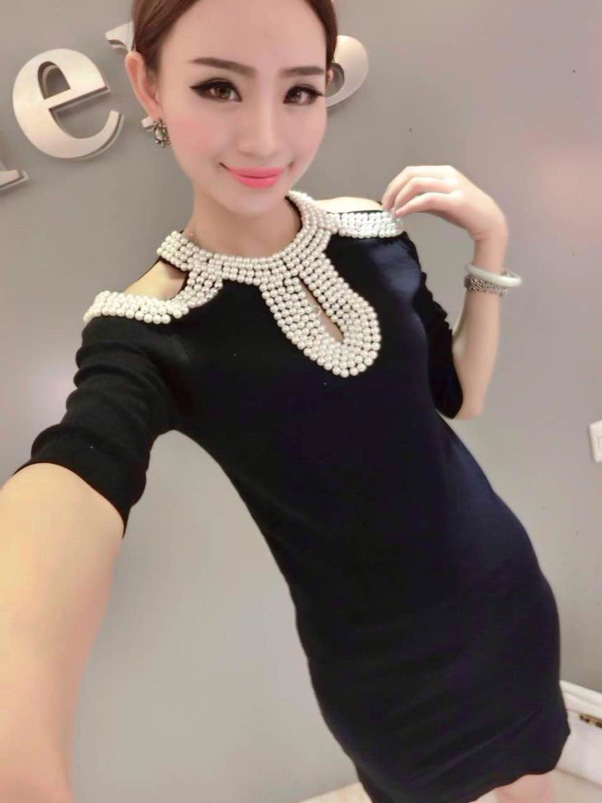 大码胖mm2019春秋冬钉珠连衣裙