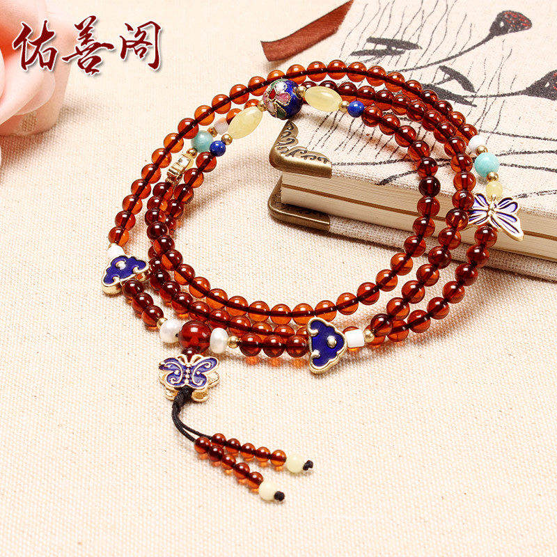 俄罗斯天然原石琥珀手链血珀108颗佛珠手串多圈层血泊男女款饰品