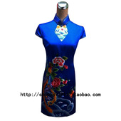 短款 红影旗袍 敬酒婚礼 蓝色 晚会 真丝绣花旗袍 礼服