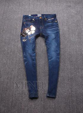 欧洲站2021秋季弹力牛仔棉女长裤金属贴片花朵修身显瘦牛仔裤