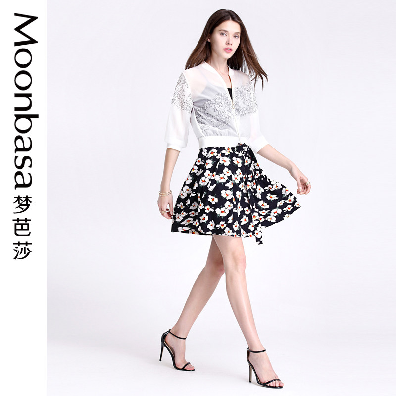 Moonbasa梦芭莎短裙半身裙夏女装绑带百搭大花朵a字裙印花裙