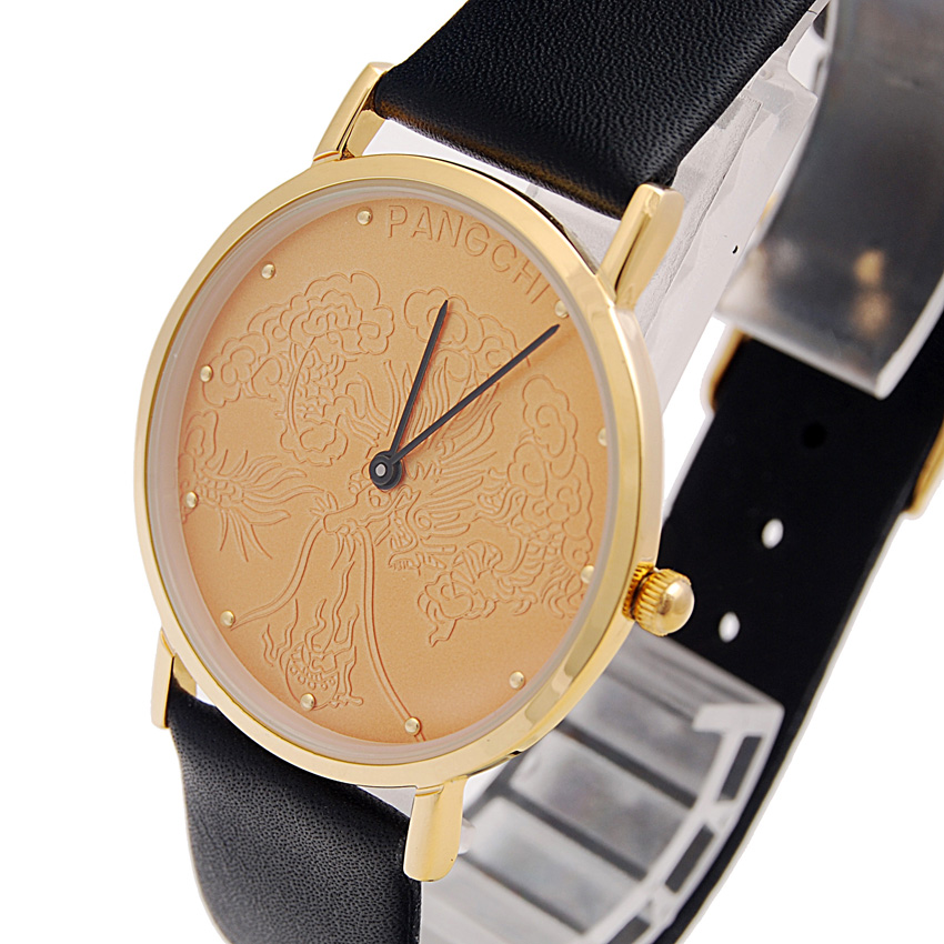 pangchi鹏志皮带表超薄情侣表复古龙凤纹表男表女表刻花表石英表