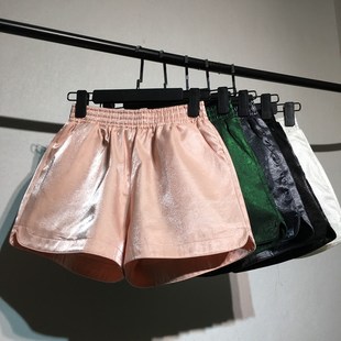 Fashionable flashing silk spring shorts, summer trousers, Korean style, high waist, loose fit, A-line, elastic waist