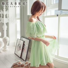 Chiffon dress with a big pink doll summer 2015 new sweet light green two dress woman