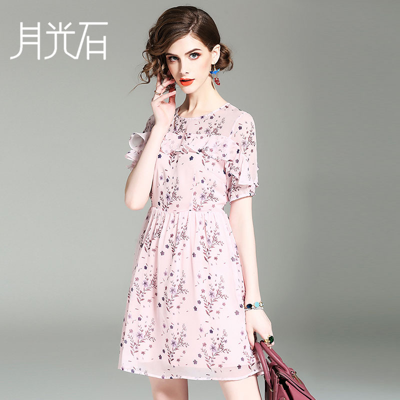 月光石夏装新女装名媛淑女气质印花荷叶边修身连衣裙女AL8124
