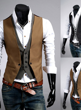 2023外贸时尚假两件配色男士马甲休闲修身V领格子拼接马甲坎肩潮