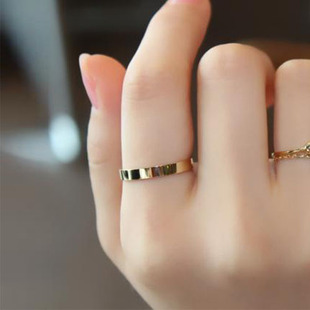 韩国进口纯金14K金情侣平板戒指 真金尾戒 素金光面黄金指环