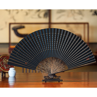 折扇 30CM全棕真金小楷黑纸扇 收藏扇 桃花源记 杭州王星记