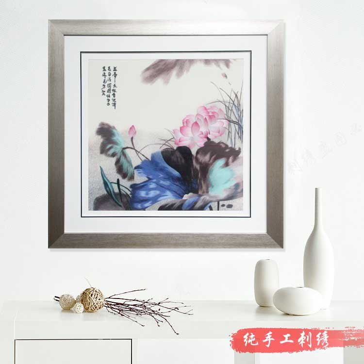 粤绣广绣精品荷花莲花古典书画单面绣纯手工刺绣成品客厅玄关走廊