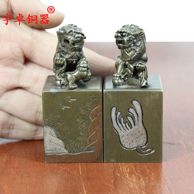 宇卓铜器 纯铜印章黄铜印章对狮印章狮子印章工艺品摆件
