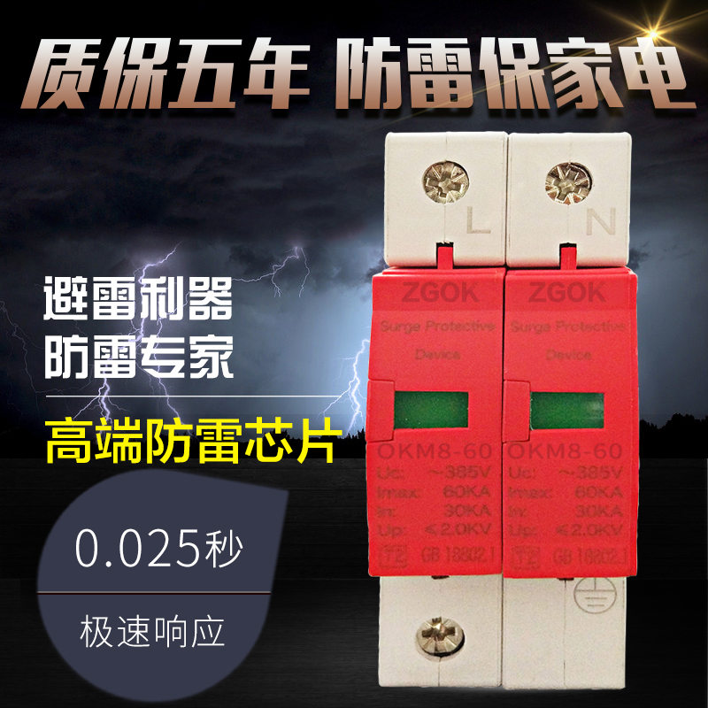 欧开电源浪涌保护器2P 雷电家用防雷器220V 60KA 避雷器 电涌