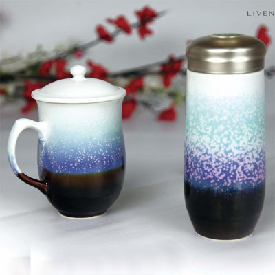 乾唐轩活瓷杯高杯+随身杯便携两入套杯带盖茶杯杯子雪晶礼盒