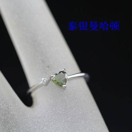 泰银 925纯银 手工 镀白金正品原创设计天然绿碧玺活口戒指11-18