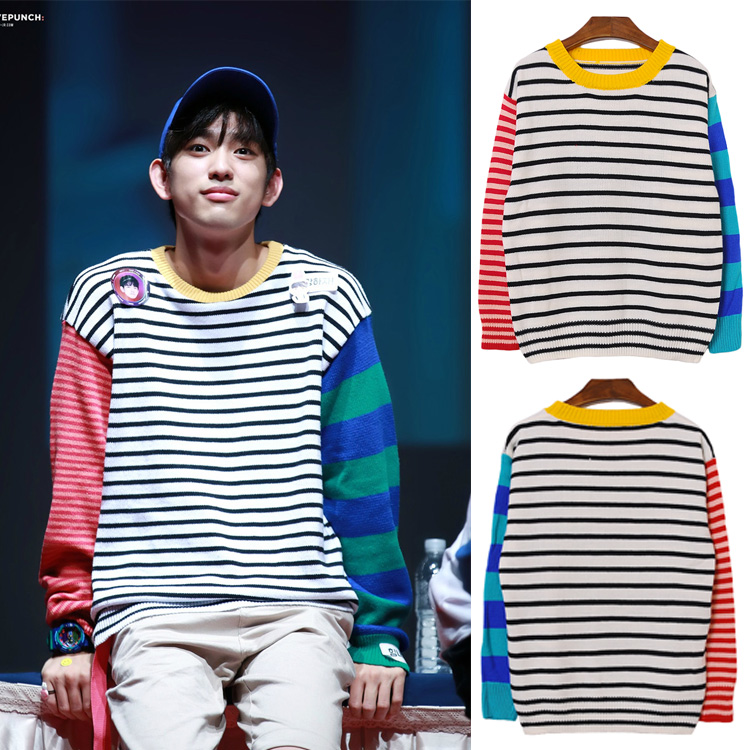 韩国复古got7朴珍荣同款彩虹条纹毛衣男女同款圆领套头撞色针织衫|msdalam kategori Pakaian Lelaki, baju sejuk/sweater - dari Buy2taobao.com untuk memberikan perkhidmatan ejen Taobao profesional membeli