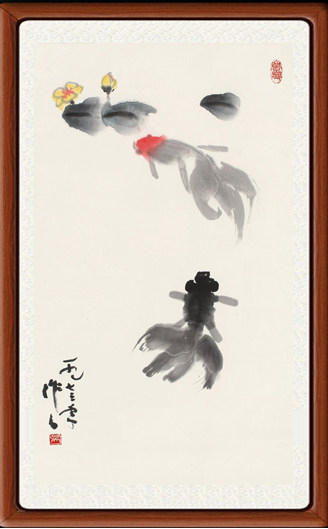 装饰画国画册字画客厅真迹花鸟宣纸书画作品仿吴作人鱼乐图赠装裱