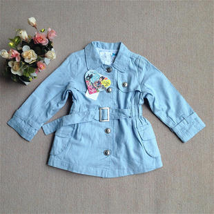 欧美风格双层棉麻中长款修身腰带春秋女童风衣 中小童外套